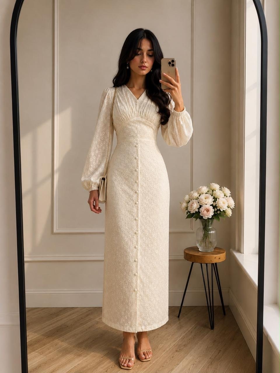 robe longue crème  en broderie florale